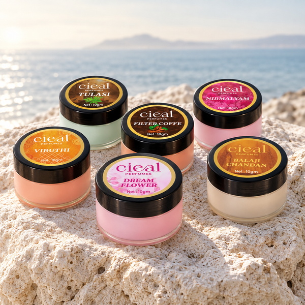CIEAL Solid Perfume Set of 6 – Balaji Chandan, Dream Flower, Vibuthi, Tulasi, Nirmalyam & Filter Coffee | 10g Each