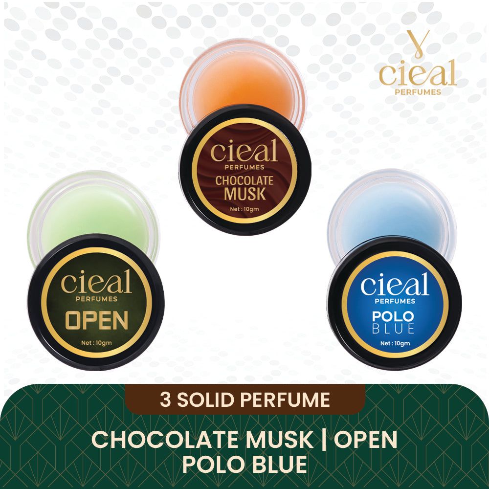 CIEAL Solid Perfume Set of 3 – Chocolate Musk, Open & Polo Blue | 10g Each