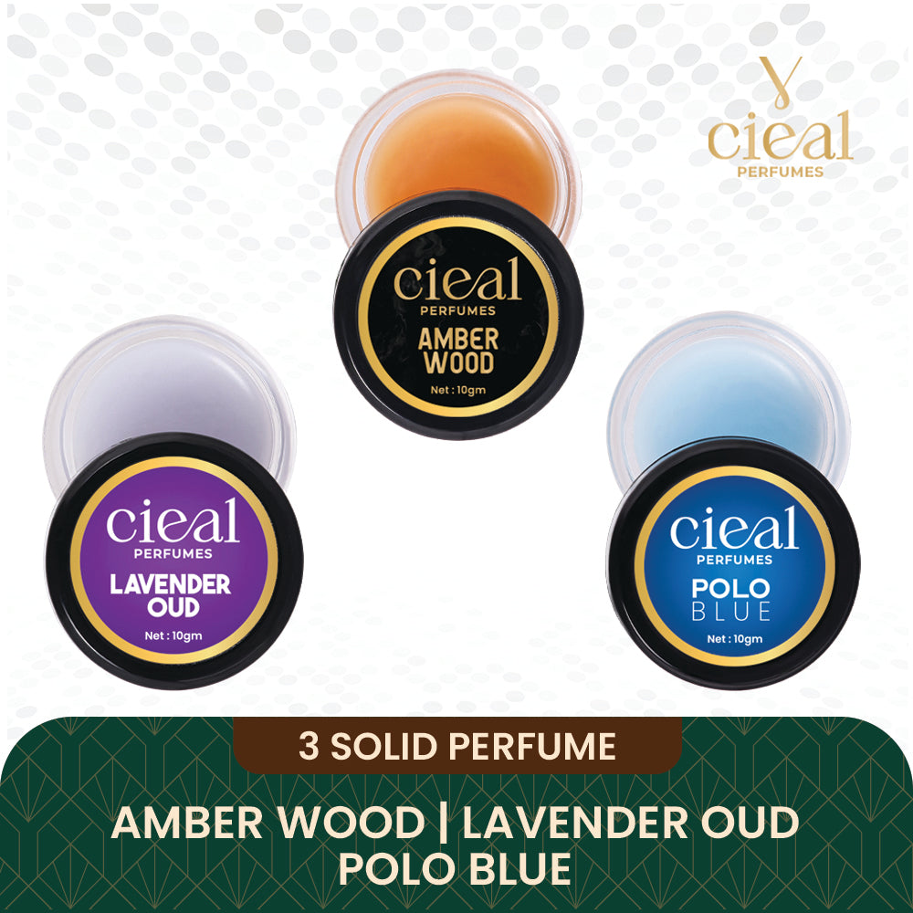 CIEAL Solid Perfume Set of 3 – Amber Wood, Lavender Oud & Polo Blue | 10g Each
