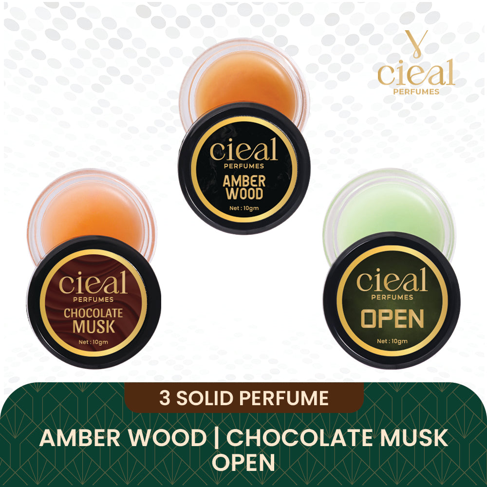 CIEAL Solid Perfume Set of 3 – Amber Wood, Chocolate Musk & Open | 10g Each