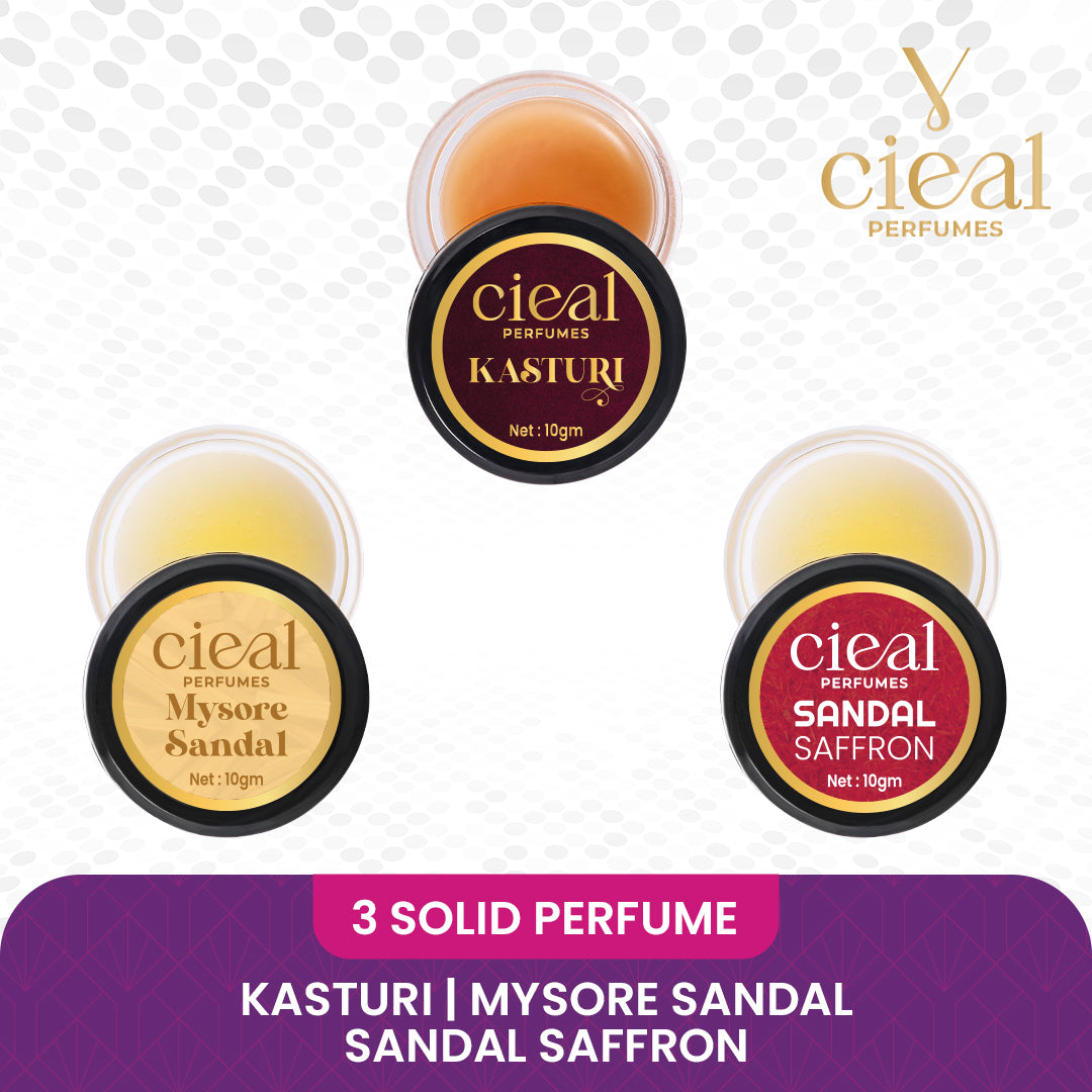 CIEAL SOLID PERFUME SET OF 3 – KASTURI | MYSORE SANDAL | SANDAL SAFFRON