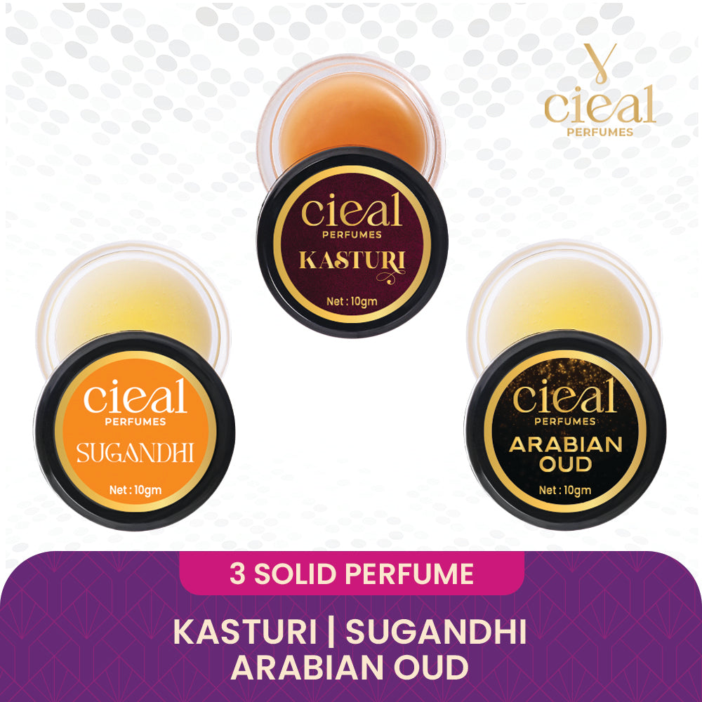 CIEAL Solid Perfume Set of 3 – Kasturi, Arabian Oud &amp; Sugandi | 10g Each