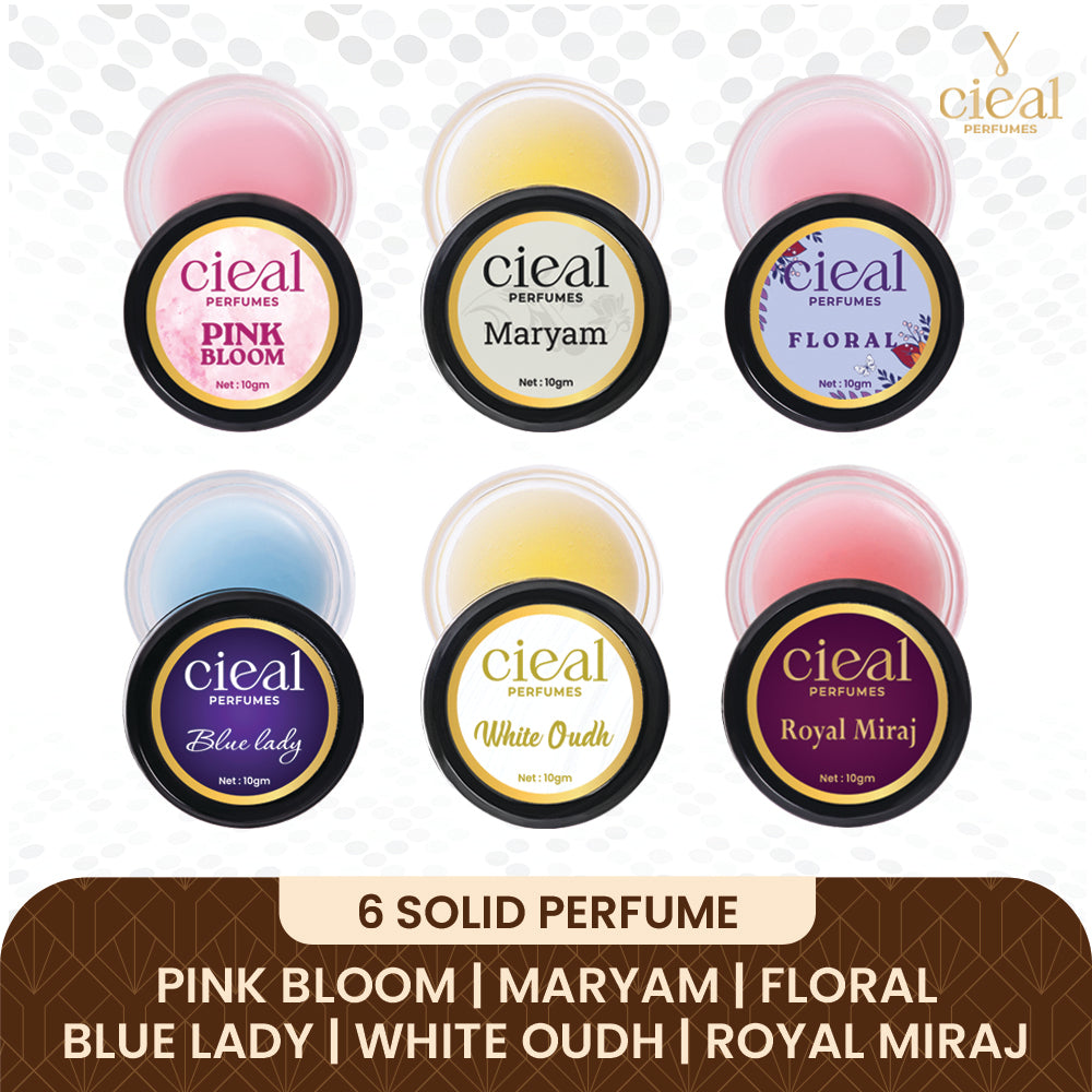 CIEAL SOLID PERFUME MASTER SET OF 6 (10G EACH) – PINK BLOOM | MARYAM | FLORAL | BLUE LADY | WHITE OUD | ROYAL MIRAJ