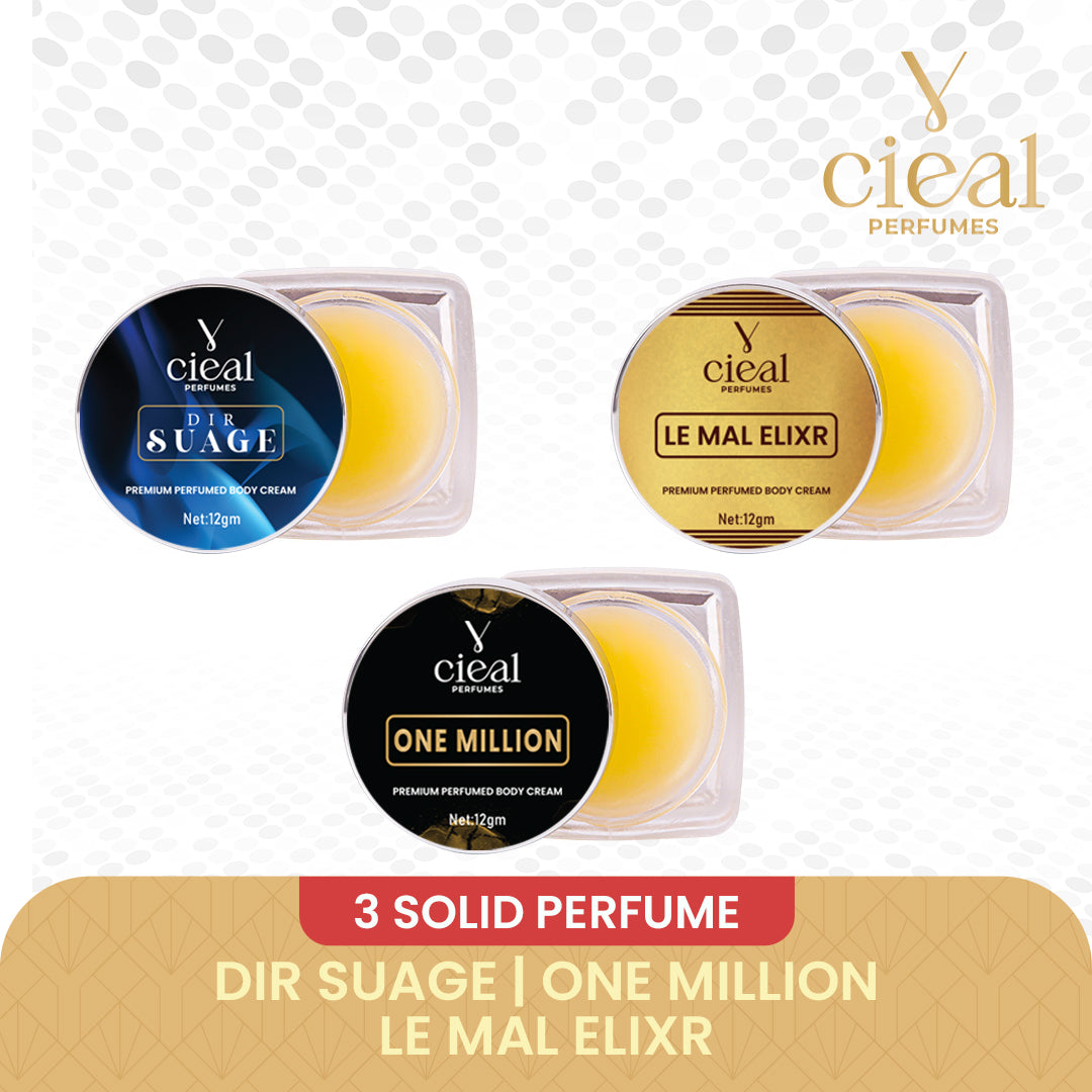 CIEAL PREMIUM SOLID PERFUME SET OF 3 – INSPIRED BY DIR SUAGE | ONE MILLION | LE MAL ELIXR (FOR MEN)
