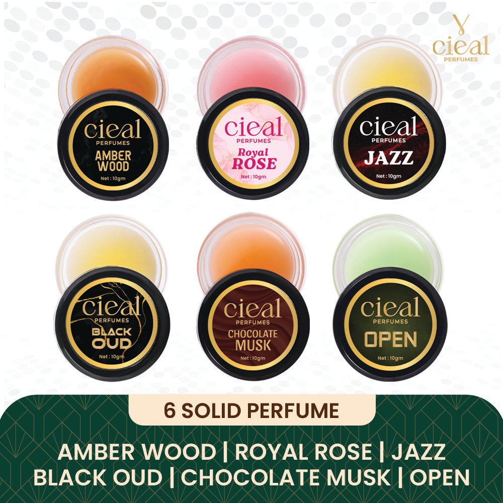 CIEAL Solid Perfume Master Set of 6 – Amber Wood, Royal Rose, Jazz, Black Oud, Chocolate Musk &amp; Open | 10g Each