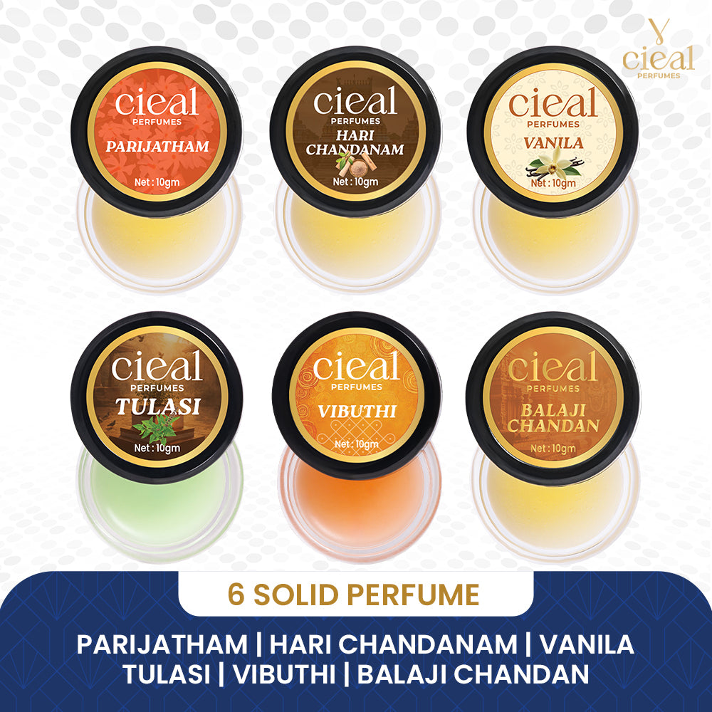 CIEAL Solid Perfume Set of 6 – Hari Chandanam, Parijatham, Tulasi, Balaji Chandan, Vibuthi & Vanilla 10g Each