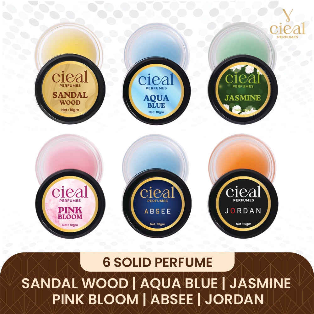 CIEAL Solid Perfume Master Set of 6 – Aqua Blue, Jasmine, Sandalwood, Jordan, Absee & Pink Bloom | 10g Each