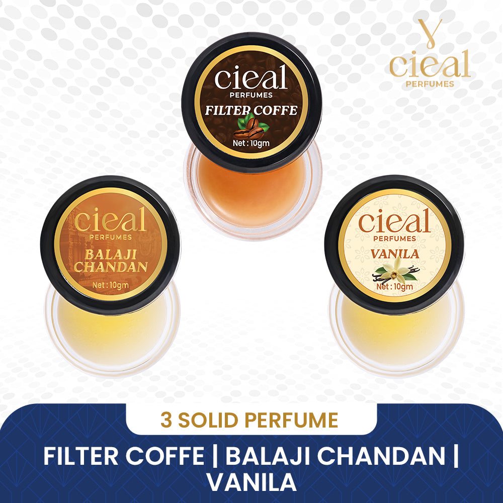 CIEAL Solid Perfume Set of 3 – Filter Coffee, Vanilla & Balaji Chandan | 10g Each