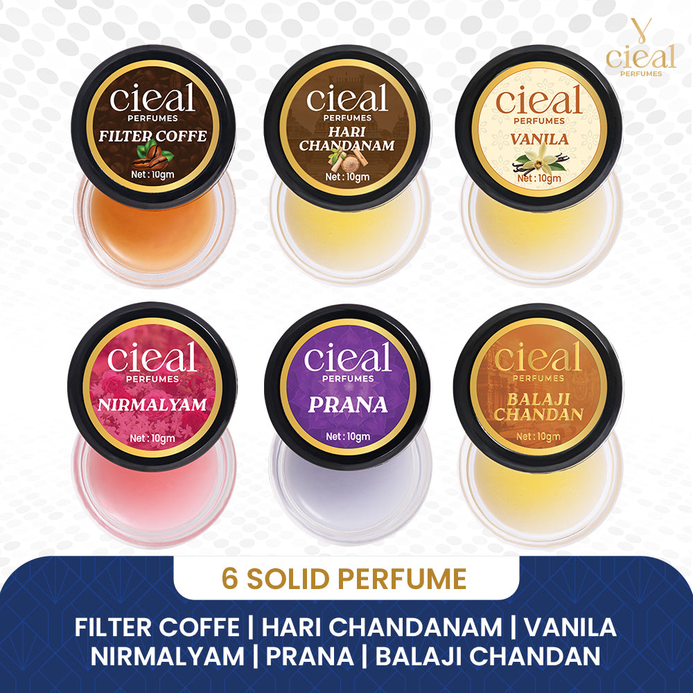 CIEAL Solid Perfume Set of 6 – Filter Coffee, Vanilla, Balaji Chandan, Hari Chandanam, Prana & Nirmalyam 10g Each