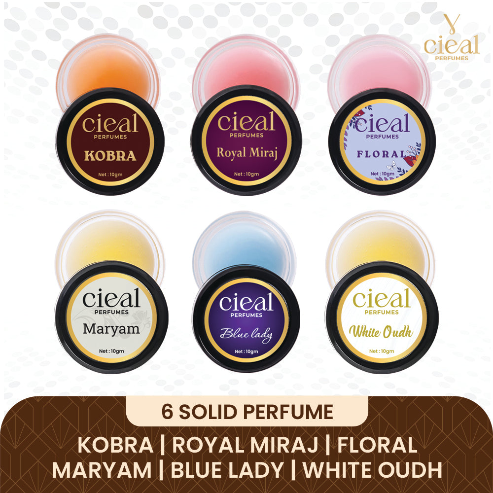 CIEAL Solid Perfume Master Set of 6 – Kobra, Royal Miraj, Floral, Maryam, Blue Lady & White Oud | 10g Each