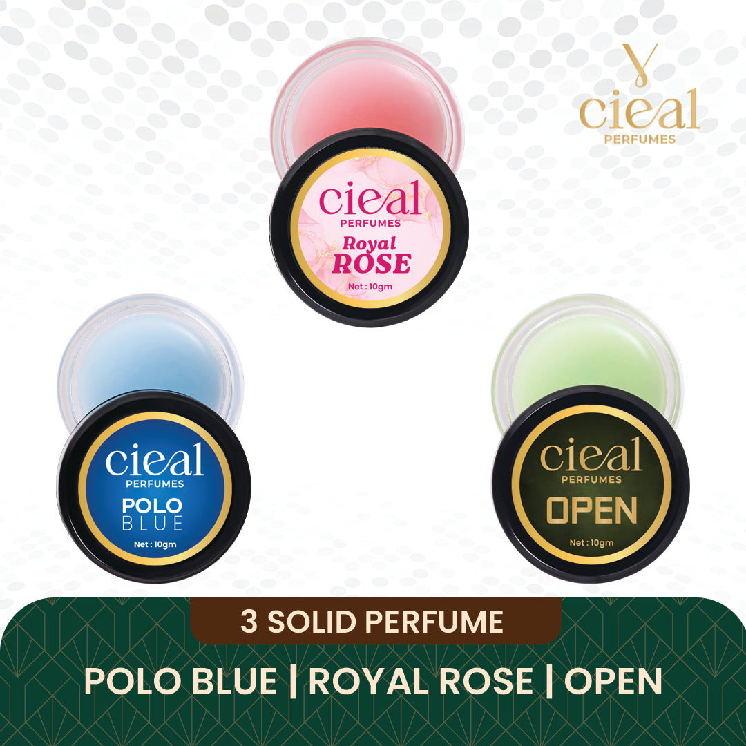 CIEAL SOLID PERFUME SET OF 3 – POLO BLUE | ROYAL ROSE | OPEN
