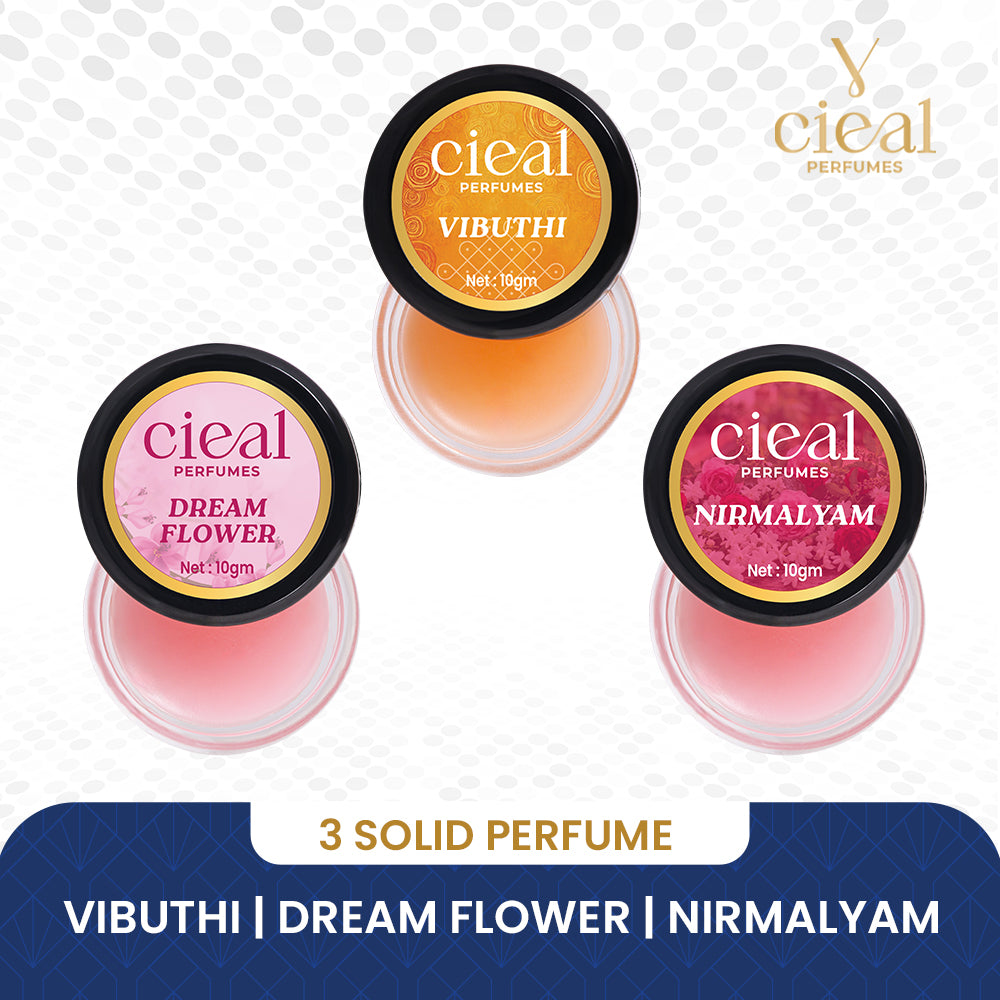 CIEAL Solid Perfume Set of 3 – Dream Flower, Vibuthi & Nirmalyam 10g Each