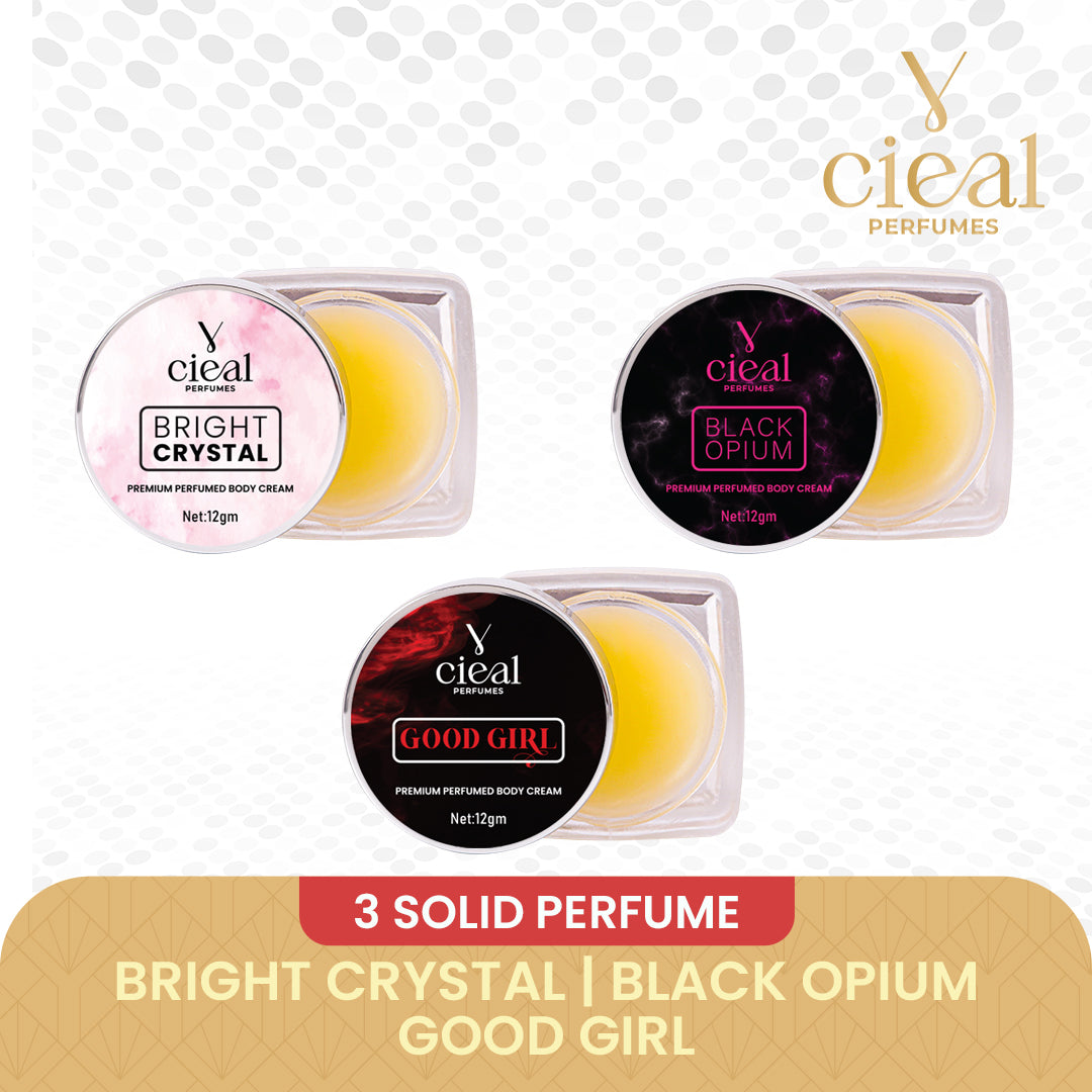 CIEAL PREMIUM SOLID PERFUME SET OF 3 – INSPIRED BY BRIGHT CRYSTAL | BLACK OPIUM | GOOD GIRL (FOR WOMEN)