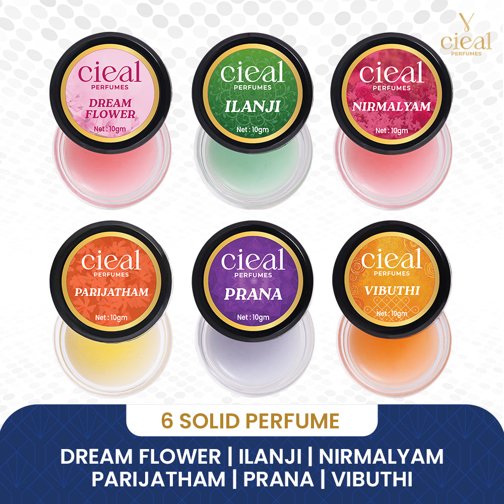 CIEAL Solid Perfume Set of 6 – Dream Flower, Vibuthi, Nirmalyam, Parijatham, Ilanji & Prana 10g Each
