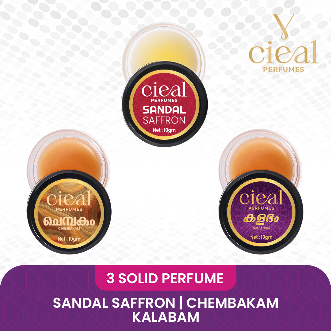 CIEAL SOLID PERFUME SET OF 3 – SANDAL SAFFRON | CHEMBAKAM | KALABHAM