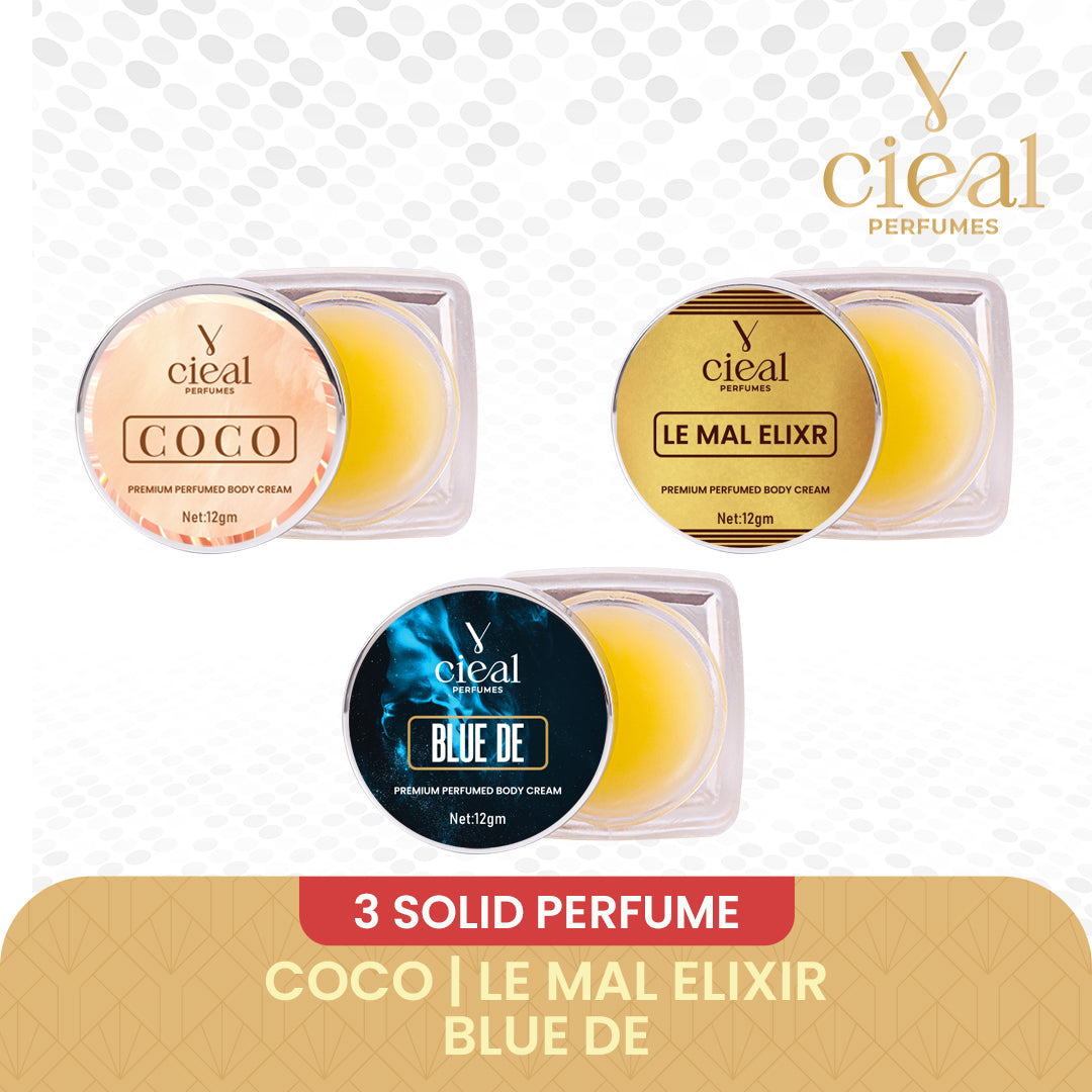 CIEAL PREMIUM SOLID PERFUME SET OF 3 – INSPIRED BY COCO | LE MAL ELIXR | BLEU DE (UNISEX)