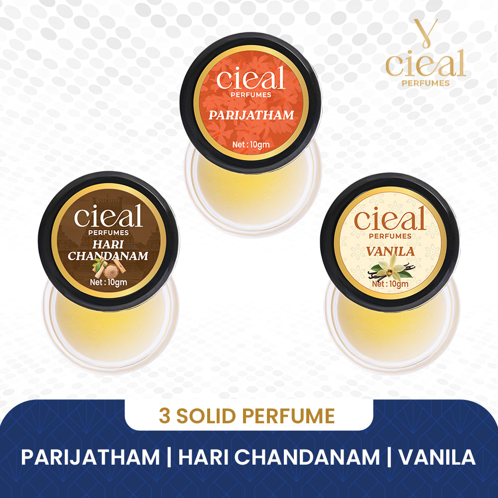 CIEAL Solid Perfume Set of 3 – Hari Chandanam, Parijatham & Vanilla 10g Each
