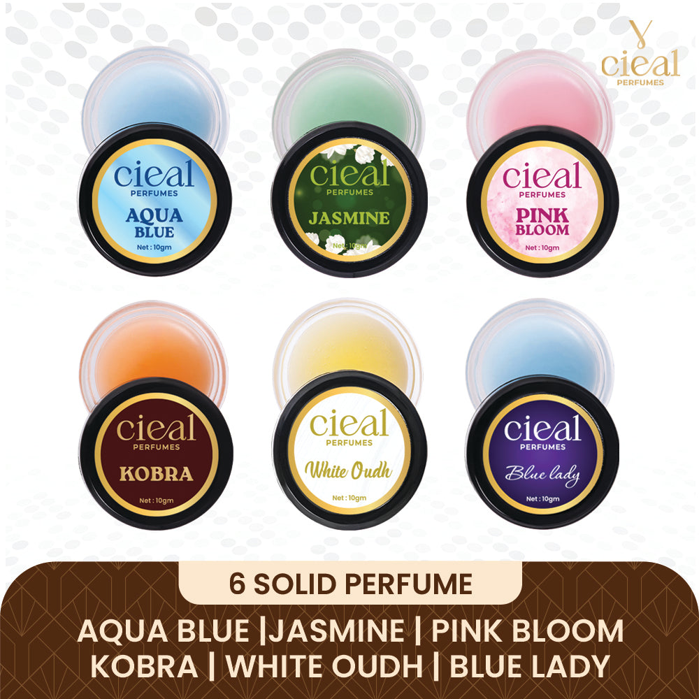 CIEAL Solid Perfume Master Set of 6 – Aqua Blue, Jasmine, Pink Bloom, Kobra, White Oud &amp; Blue Lady | 10g Each