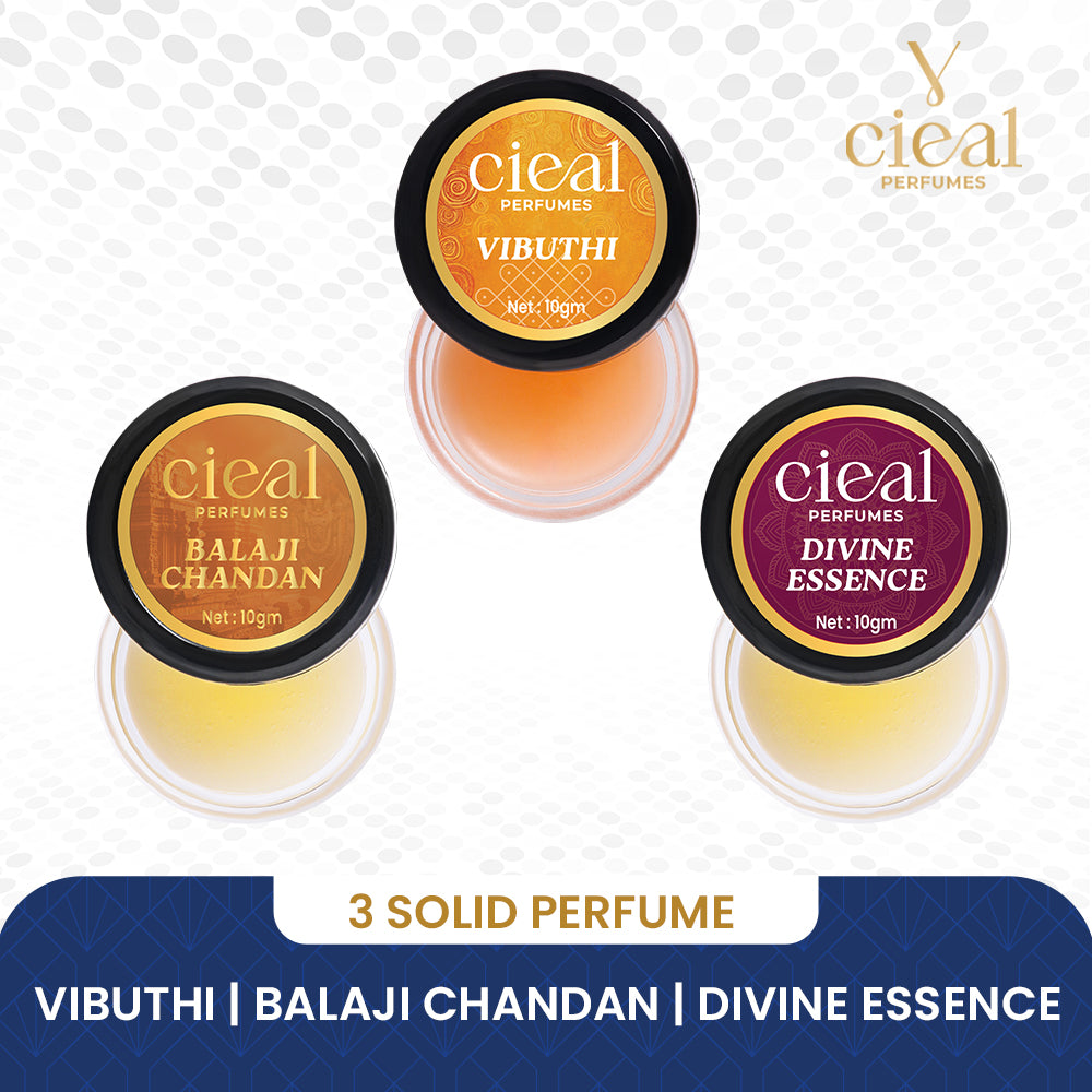 CIEAL Solid Perfume Set of 3 – Balaji Chandan, Vibuthi & Divine Essence 10g Each