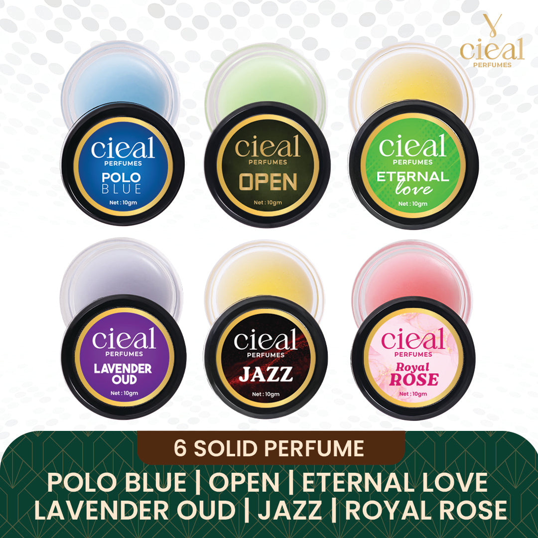 CIEAL SOLID PERFUME SET OF 6 – POLO BLUE | OPEN | ETERNAL LOVE | LAVENDER OUD | JAZZ | ROYAL ROSE