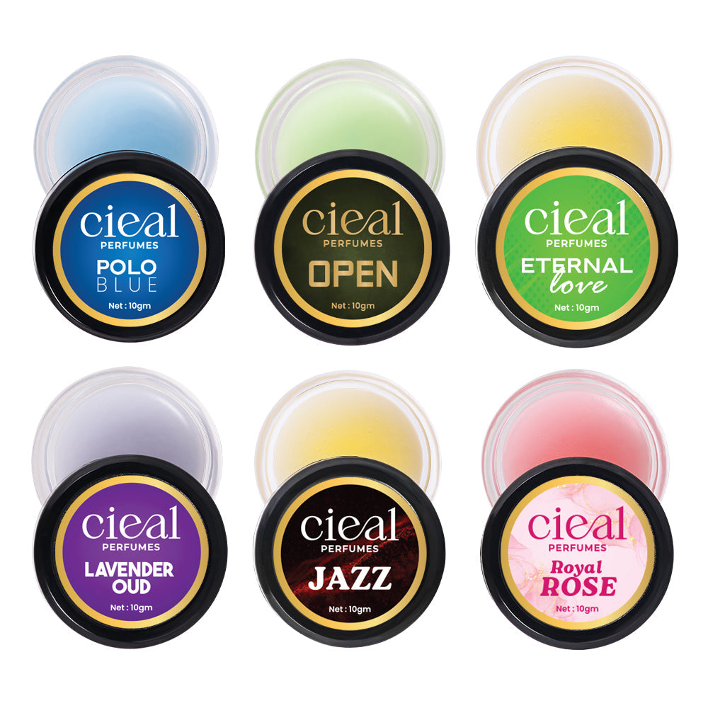 CIEAL SOLID PERFUME SET OF 6 – POLO BLUE | OPEN | ETERNAL LOVE | LAVENDER OUD | JAZZ | ROYAL ROSE