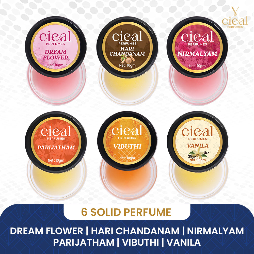 CIEAL Solid Perfume Set of 6 – Hari Chandanam, Parijatham, Vanilla, Dream Flower, Nirmalyam & Vibuthi  10g Each