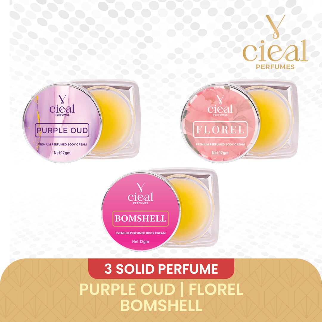 CIEAL PREMIUM SOLID PERFUME SET OF 3 – INSPIRED BY PURPLE OUD | FLORAL | BOMBSHELL (FOR WOMEN)