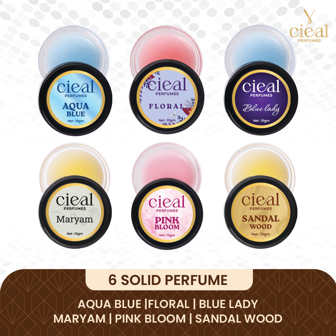 CIEAL SOLID PERFUME SET OF 6 – AQUA BLUE | FLORAL | BLUE LADY | MARYAM | PINK BLOOM | SANDALWOOD
