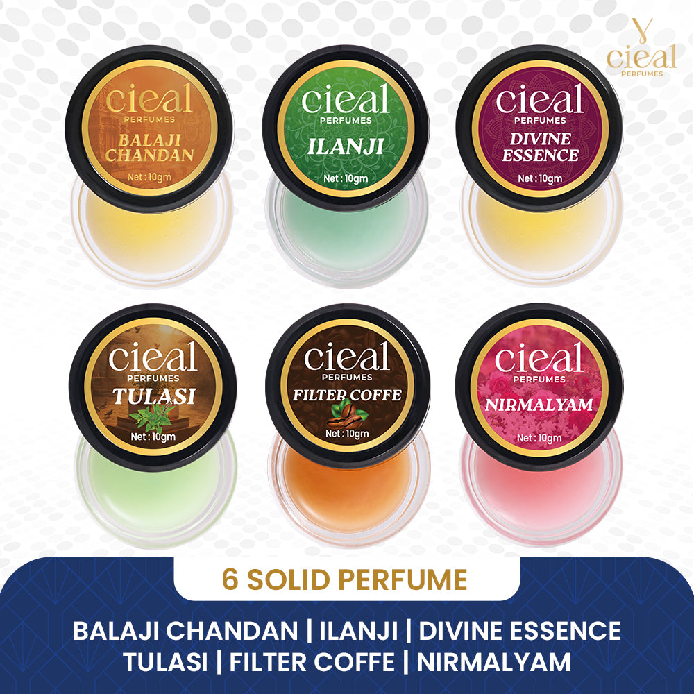 CIEAL Solid Perfume Set of 6 – Filter Coffee, Divine Essence, Nirmalyam, Balaji Chandan, Ilanji & Tulasi  10g Each