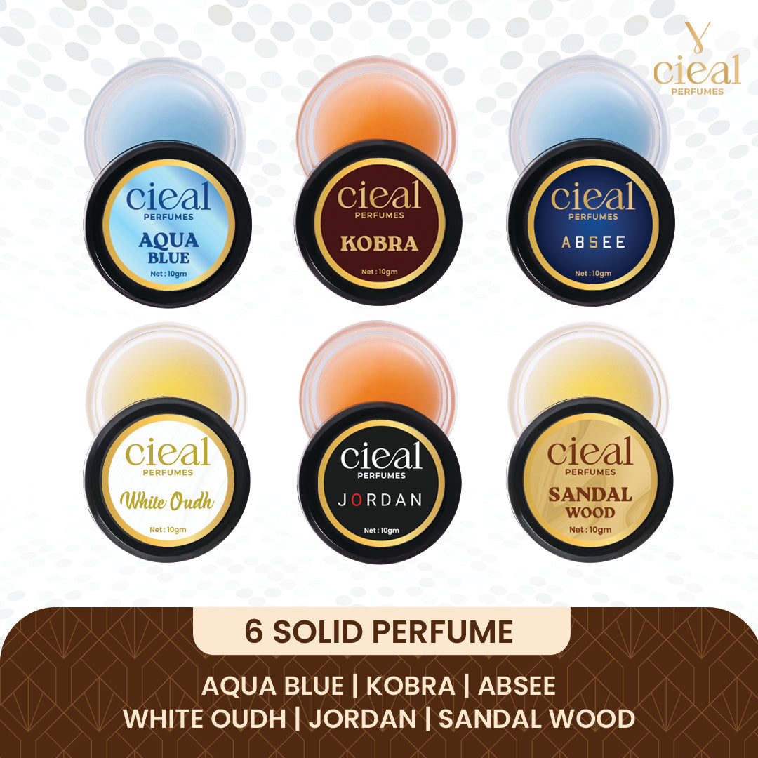 CIEAL SOLID PERFUME SET OF 6 – AQUA BLUE | KOBRA | ABSEE | WHITE OUD | JORDAN | SANDALWOOD