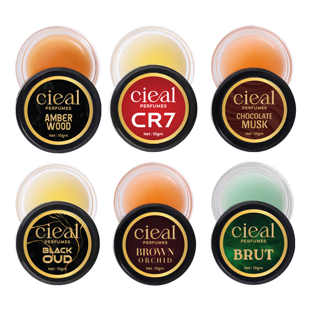 CIEAL SOLID PERFUME SET OF 6 – AMBER WOOD | CR7 | CHOCOLATE MUSK | BLACK OUD | BROWN ORCHID | BRUT