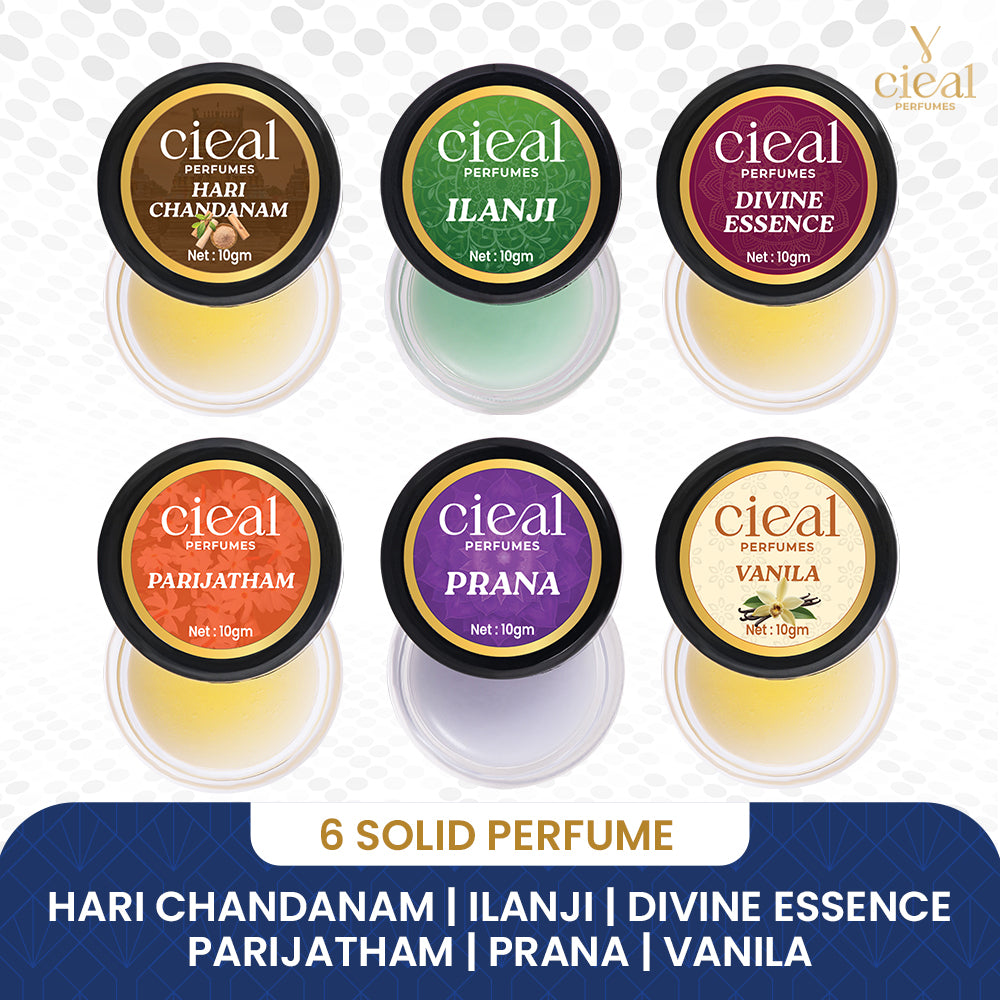 CIEAL Solid Perfume Set of 6 – Hari Chandanam, Divine Essence, Parijatham, Prana, Vanilla & Ilanji 10g Each