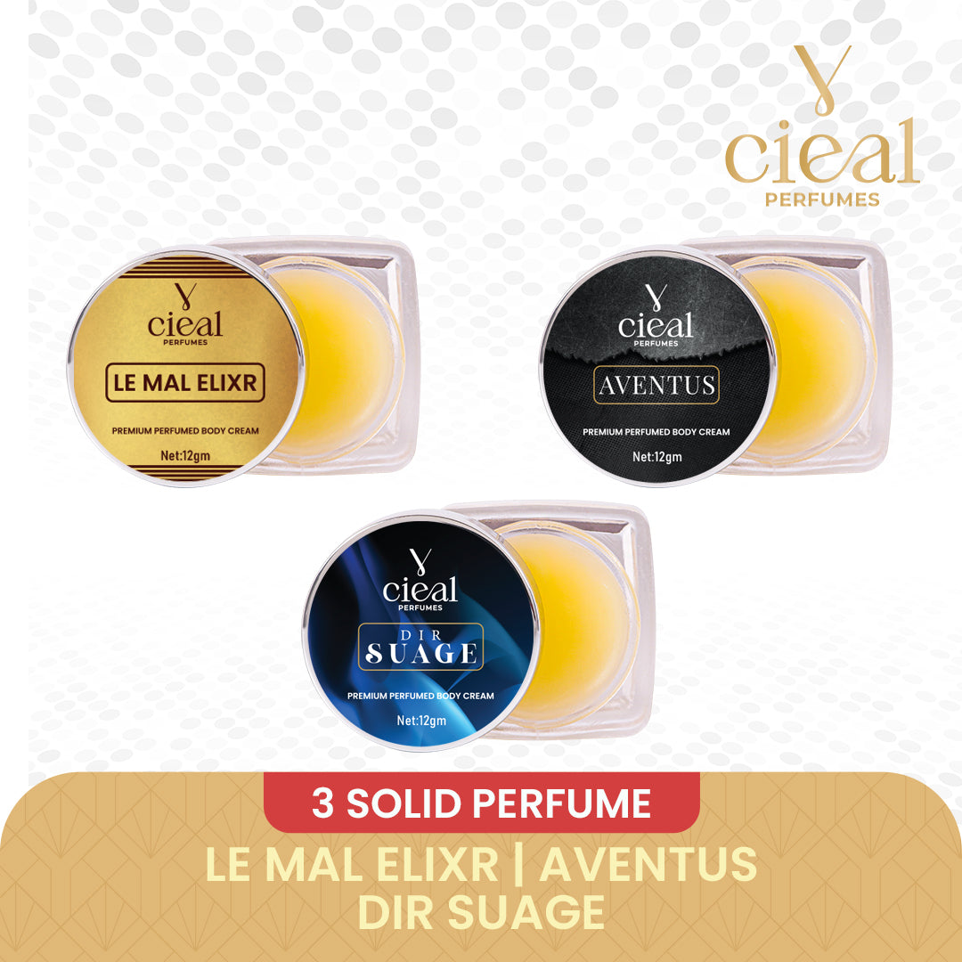 CIEAL PREMIUM SOLID PERFUME SET OF 3 – INSPIRED BY LE MAL ELIXR | AVENTUS | DIR SUAGE (FOR MEN)