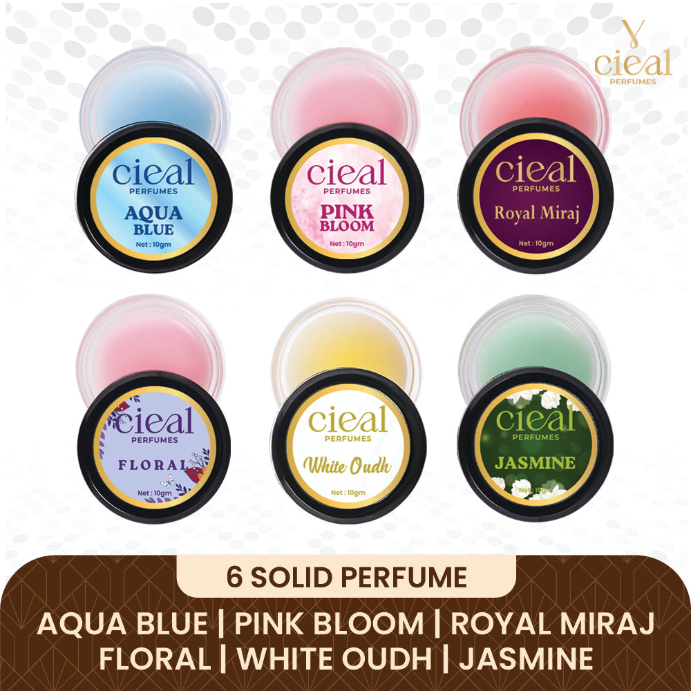 CIEAL Solid Perfume Master Set of 6 – Aqua Blue, Pink Bloom, Royal Miraj, Floral, White Oud & Jasmine | 10g Each