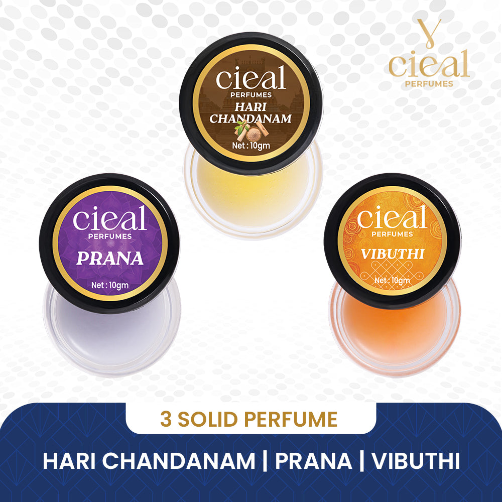 CIEAL Solid Perfume Set of 3 – Hari Chandanam, Vibuthi & Prana 10g Each
