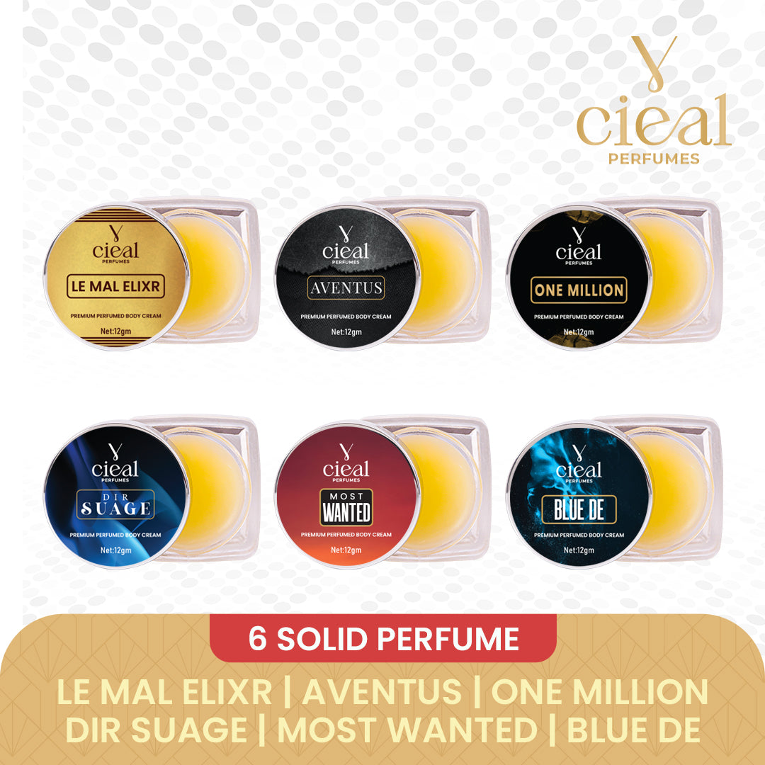 CIEAL PREMIUM SOLID PERFUME SET OF 6 – INSPIRED BY LE MAL ELIXR | AVENTUS | ONE MILLION | DIR SUAGE | MOST WANTED | BLEU DE (FOR MEN)