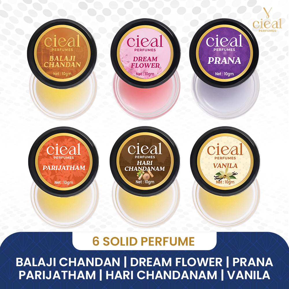 CIEAL Solid Perfume Set of 6 – Hari Chandanam, Balaji Chandan, Dream Flower, Parijatham, Vanilla & Prana 10g Each