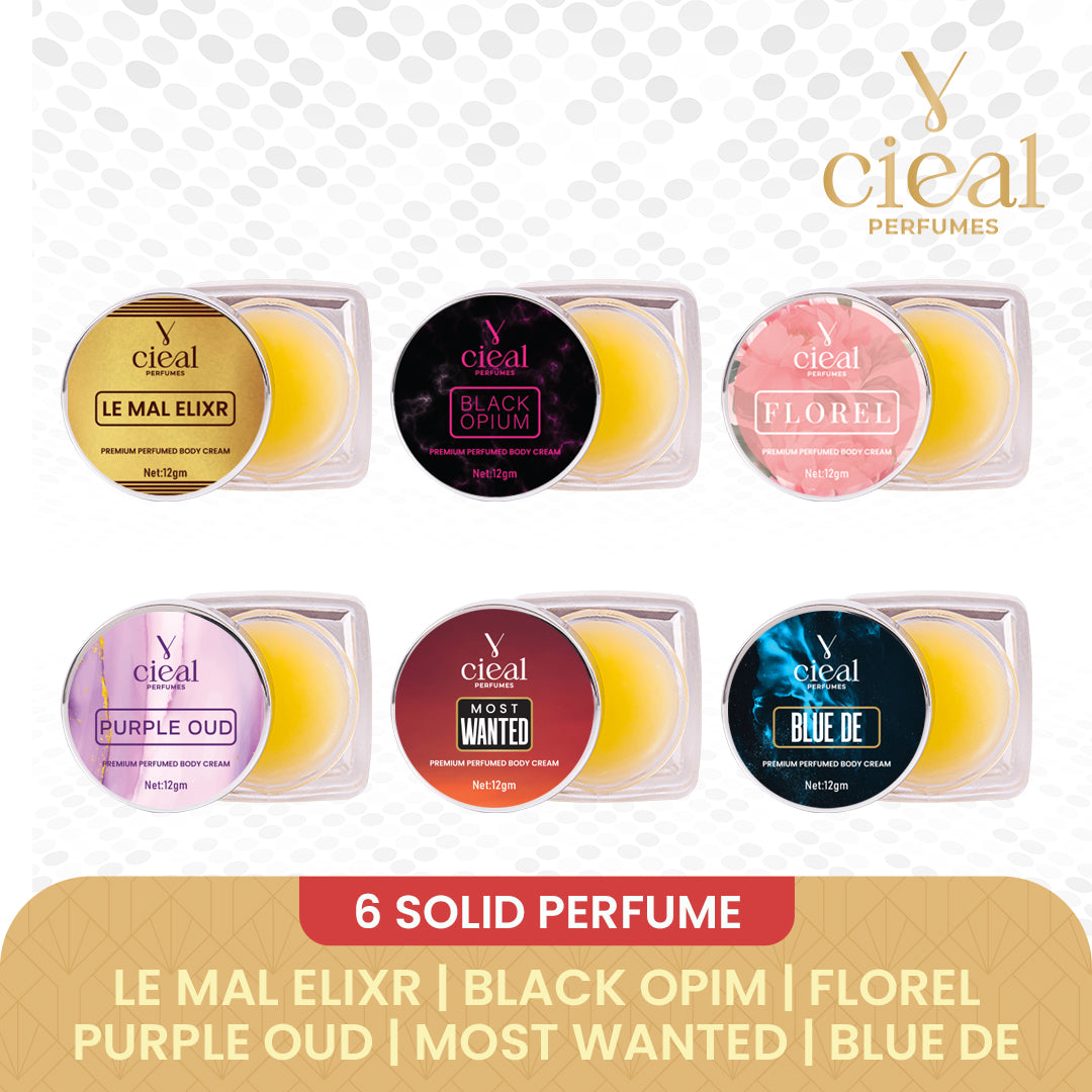 CIEAL PREMIUM SOLID PERFUME SET OF 6 – INSPIRED BY FLORAL | PURPLE OUD | BLACK OPIUM | BLEU DE | LE MAL ELIXR | MOST WANTED (UNISEX)