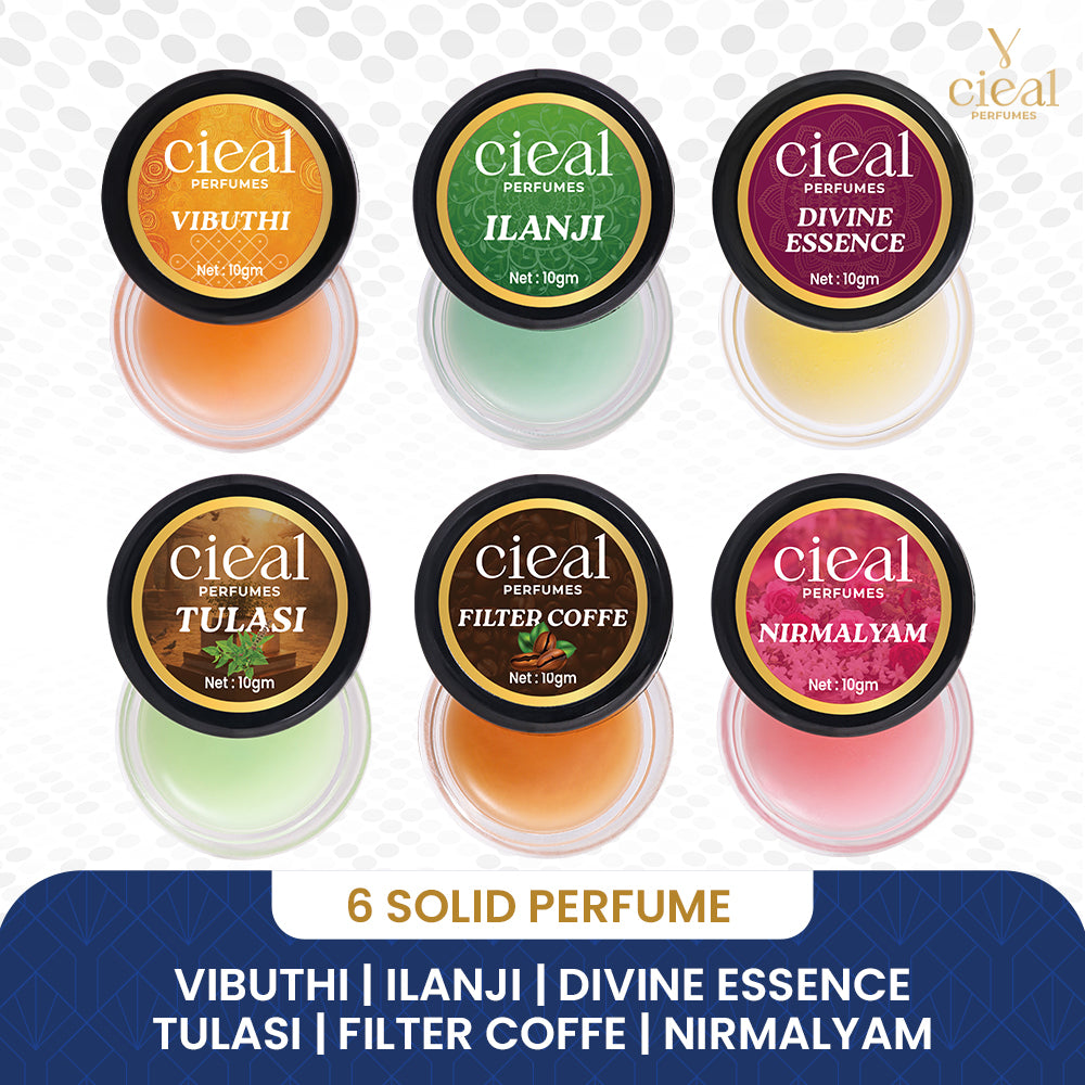 CIEAL Solid Perfume Set of 6 – Divine Essence, Vibuthi, Nirmalyam, Ilanji, Tulasi & Filter Coffee 10g Each