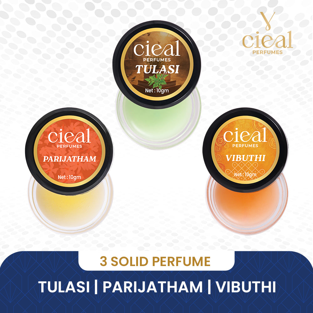 CIEAL Solid Perfume Set of 3 – Parijatham, Vibuthi & Tulasi 10g Each
