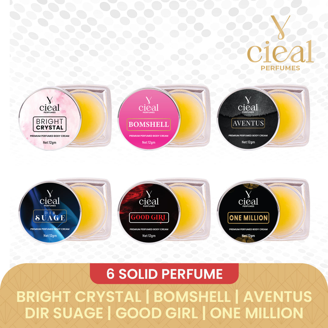 CIEAL PREMIUM SOLID PERFUME SET OF 6 – INSPIRED BY FLORAL | PURPLE OUD | BLACK OPIUM | BLEU DE CHANEL | LE MAL ELIXR | MOST WANTED (UNISEX)