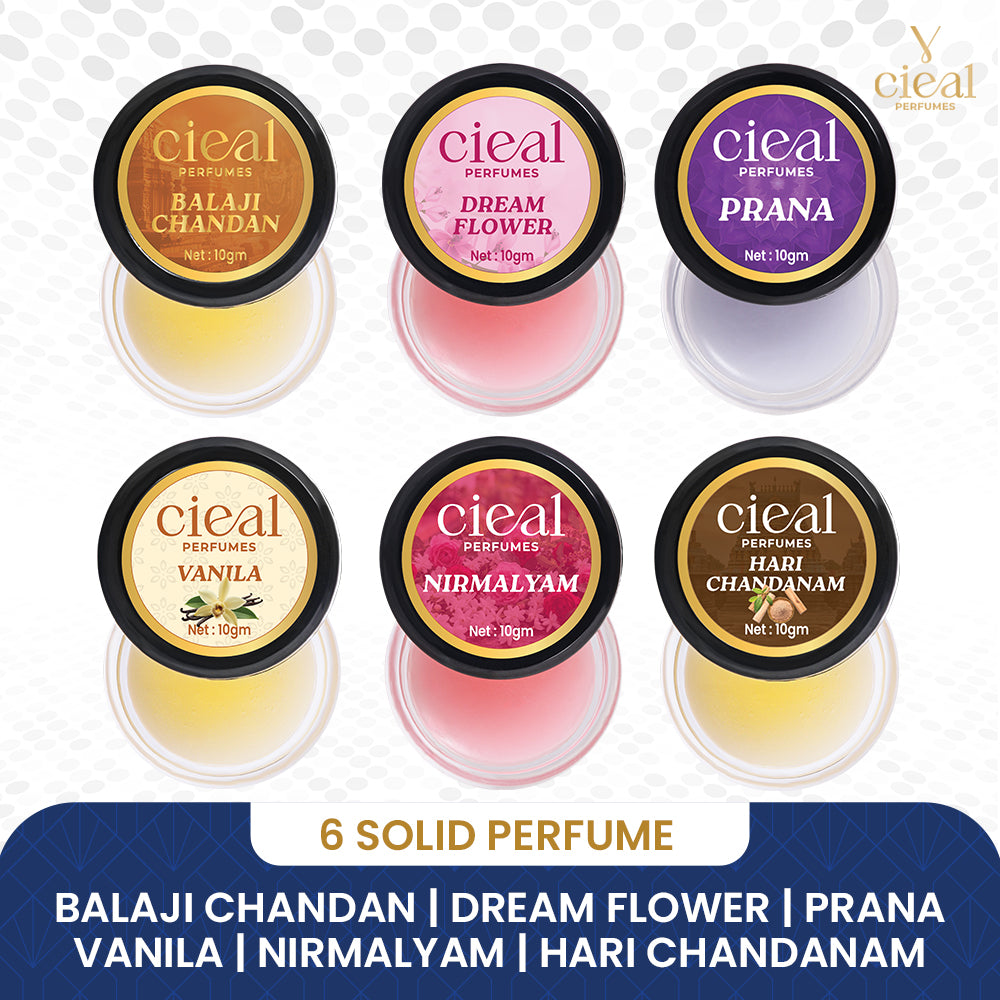 CIEAL Solid Perfume Set of 6 – Hari Chandanam, Prana, Balaji Chandan, Nirmalyam, Dream Flower & Vanilla 10g Each.