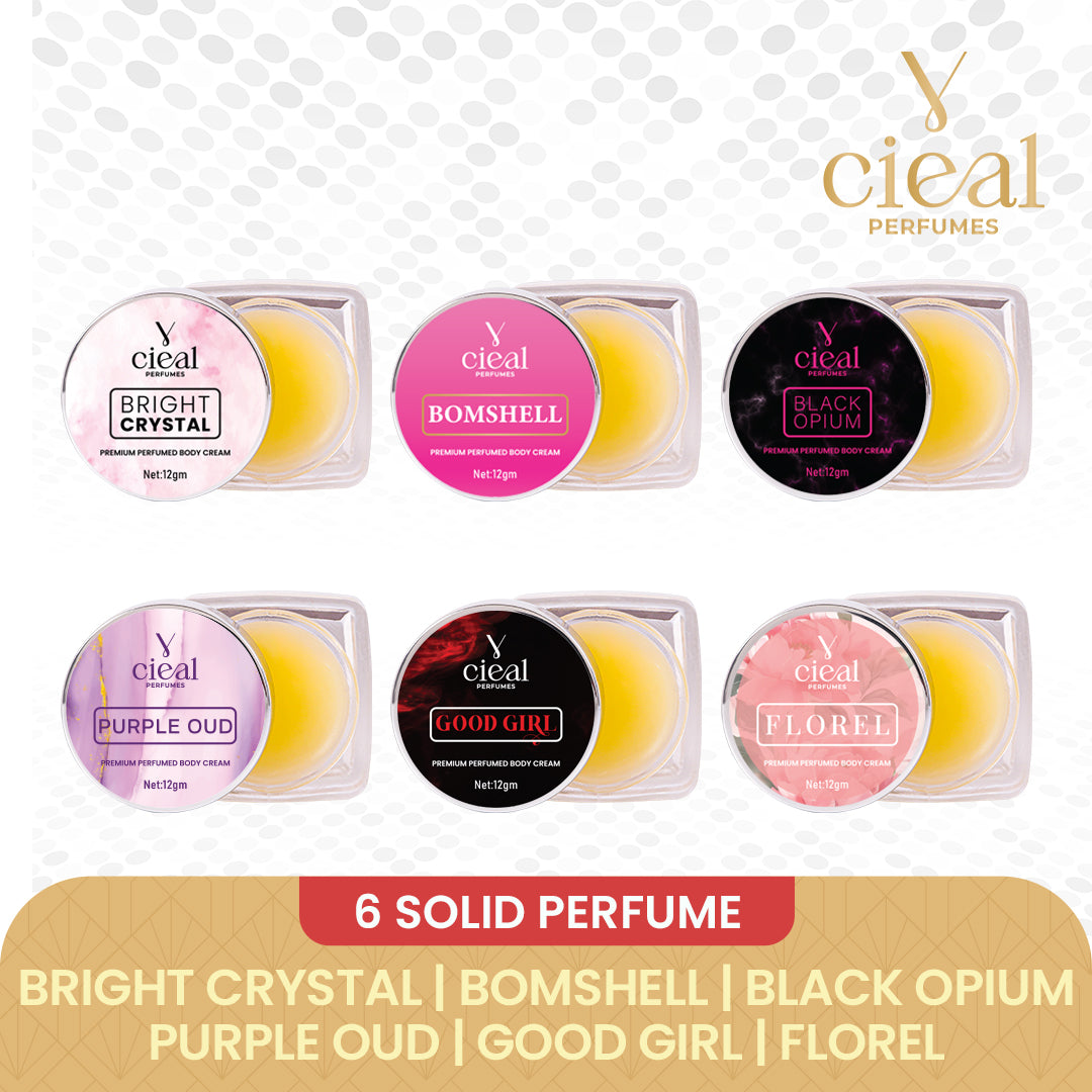 CIEAL PREMIUM SOLID PERFUME SET OF 6 – INSPIRED BY BOMBSHELL | PURPLE OUD | BRIGHT CRYSTAL | BLACK OPIUM | GOOD GIRL | FLORAL (FOR WOMEN)