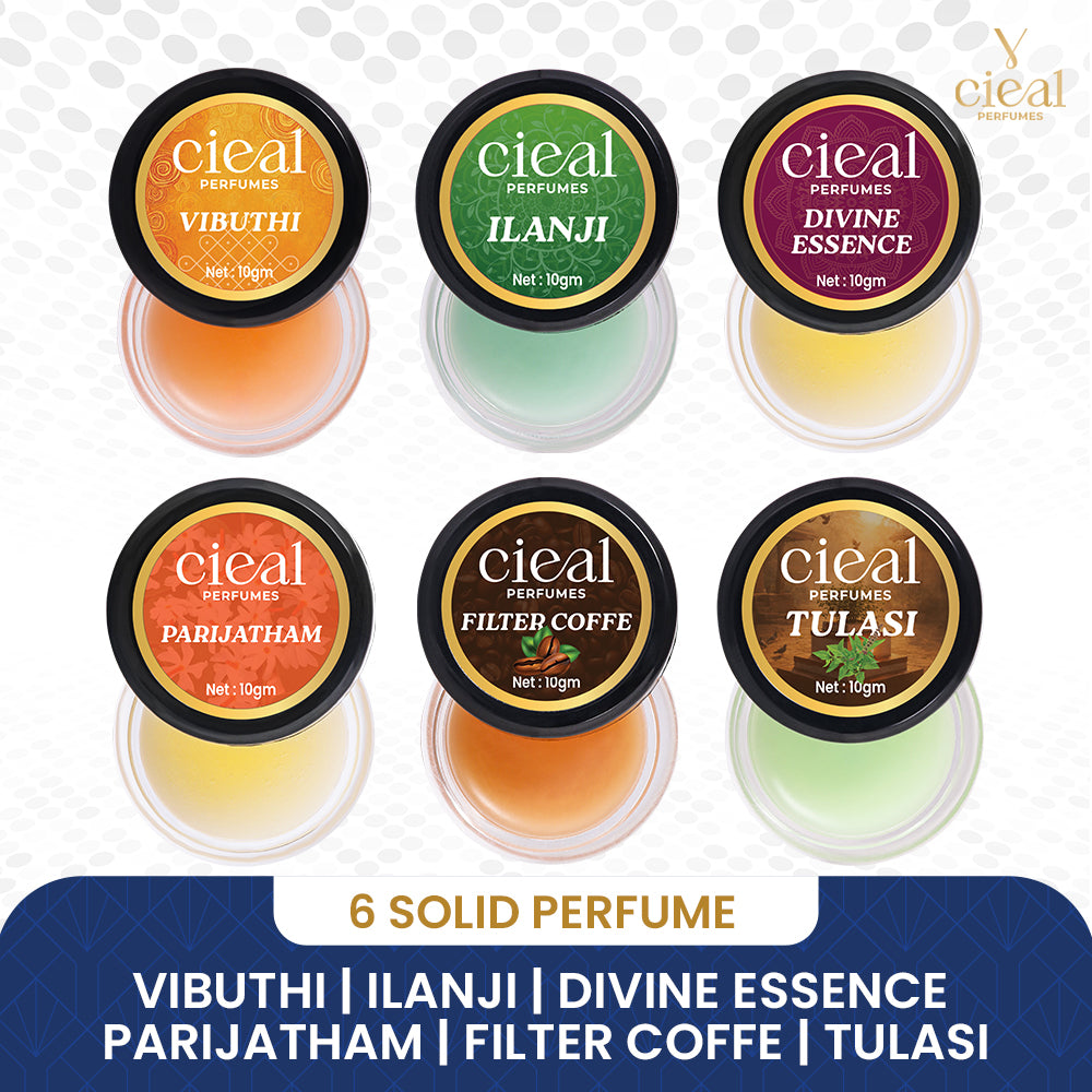 CIEAL Solid Perfume Set of 6 – Parijatham, Divine Essence, Vibuthi, Ilanji, Tulasi & Filter Coffee 10g Each.