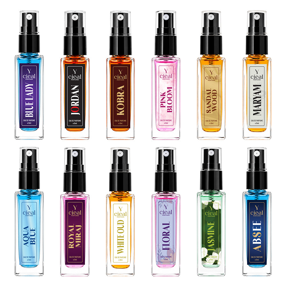 CIEAL Perfume Spray Gift Set of 12 – Sandalwood, Pink Bloom, Kobra, Aqua Blue, Jasmine, Blue Lady, White Oud, Royal Miraj, Maryam, Jordan, Absee & Floral – 8ml Each