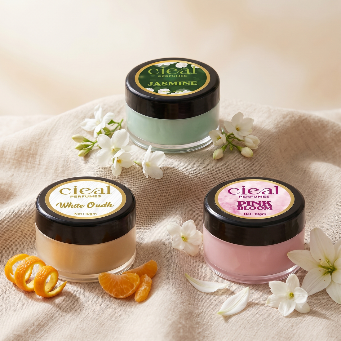 CIEAL Solid Perfume Set of 3 – Pink Bloom, Jasmine & White Oud | 10g Each