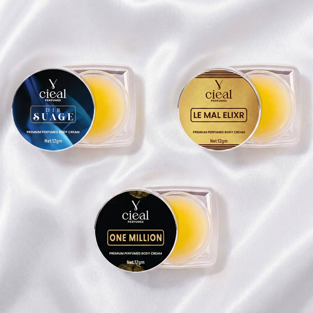 CIEAL PREMIUM SOLID PERFUME SET OF 3 – INSPIRED BY DIR SUAGE | ONE MILLION | LE MAL ELIXR (FOR MEN)