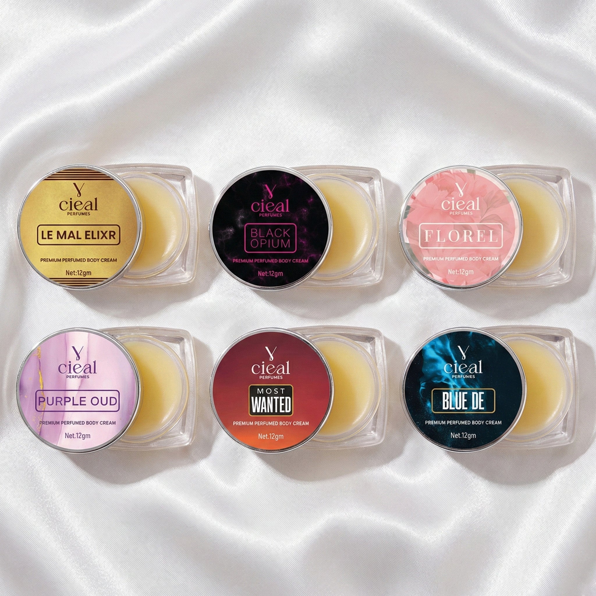 CIEAL PREMIUM SOLID PERFUME SET OF 6 – INSPIRED BY FLORAL | PURPLE OUD | BLACK OPIUM | BLEU DE | LE MAL ELIXR | MOST WANTED (UNISEX)
