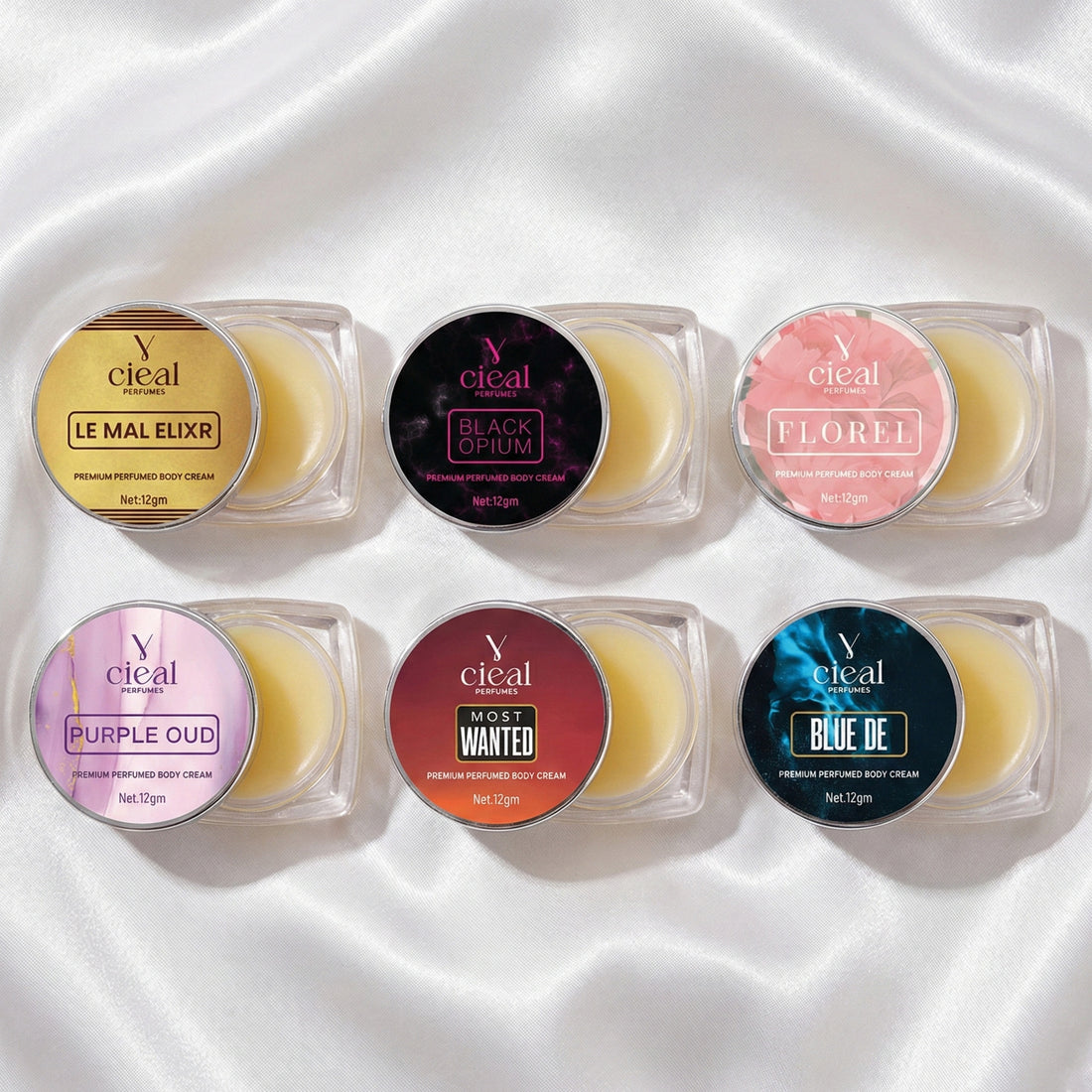 CIEAL PREMIUM SOLID PERFUME SET OF 6 – INSPIRED BY FLORAL | PURPLE OUD | BLACK OPIUM | BLEU DE | LE MAL ELIXR | MOST WANTED (UNISEX)