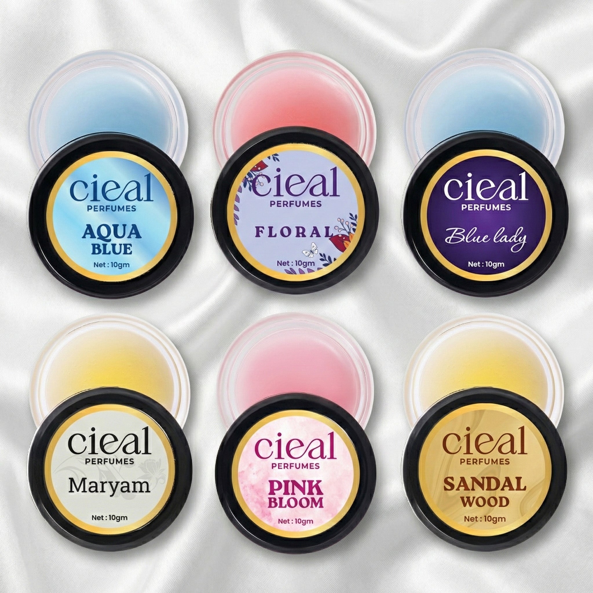 CIEAL SOLID PERFUME SET OF 6 – AQUA BLUE | FLORAL | BLUE LADY | MARYAM | PINK BLOOM | SANDALWOOD